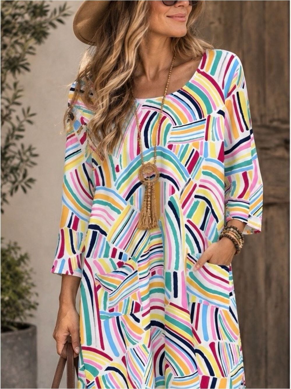 Colorful Abstract Print Pocket Shift Dress 3/4 Sleeve